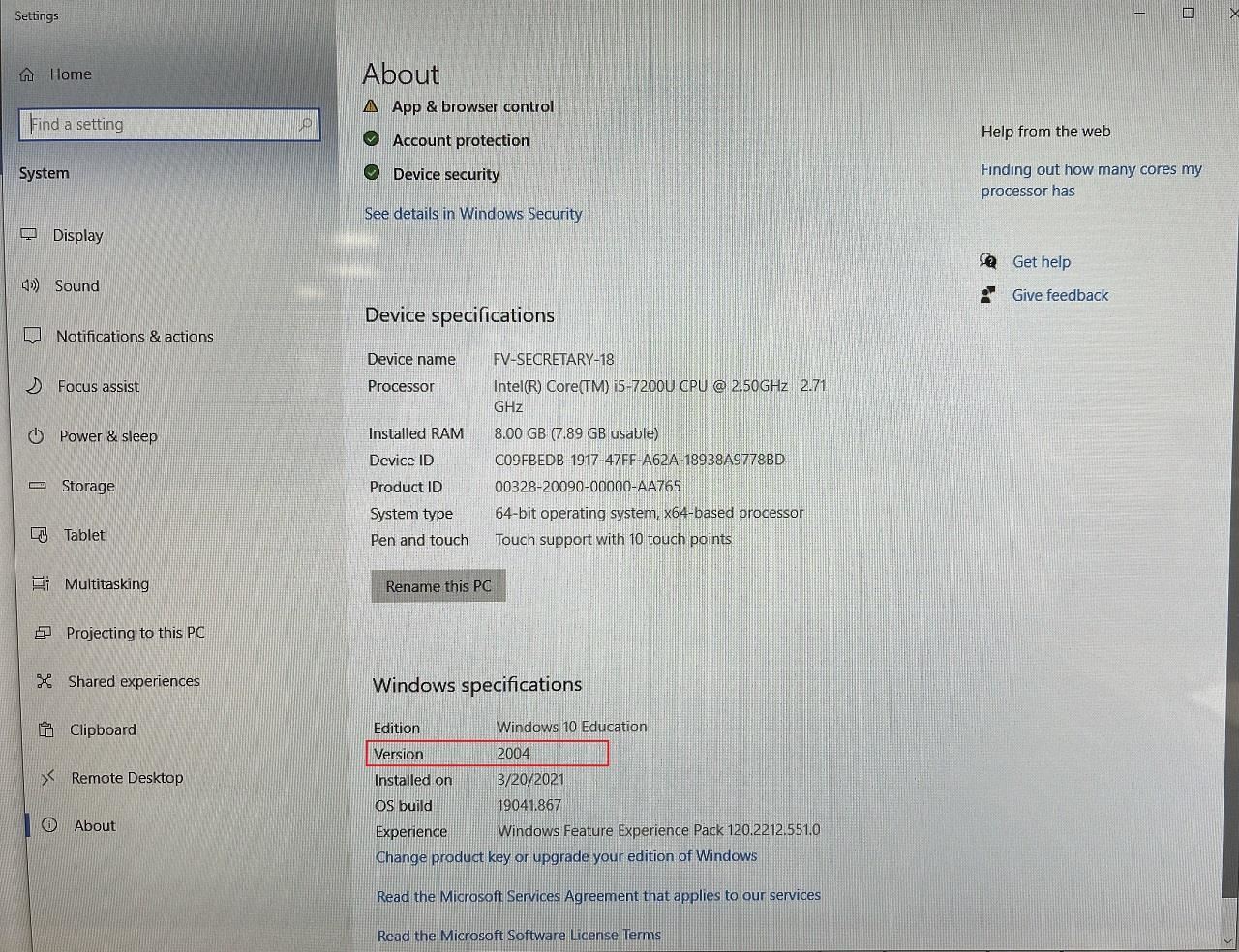 Screenshot showing the Windows build number 